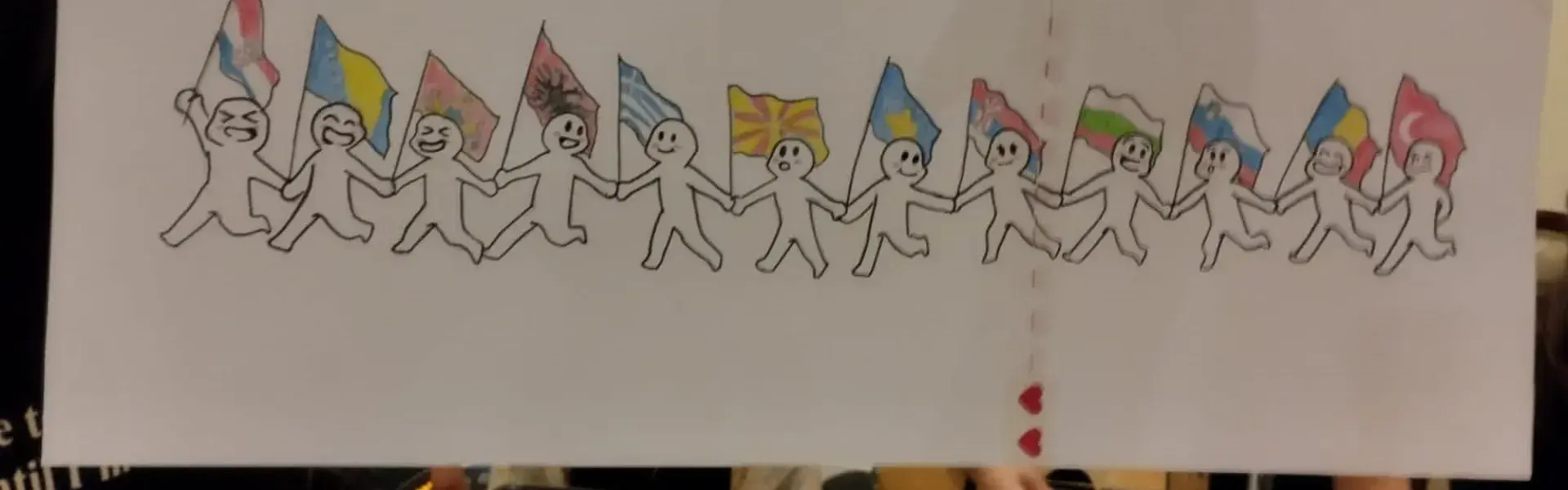 Zeichnung von Menschen mit Fahnen in der Hand